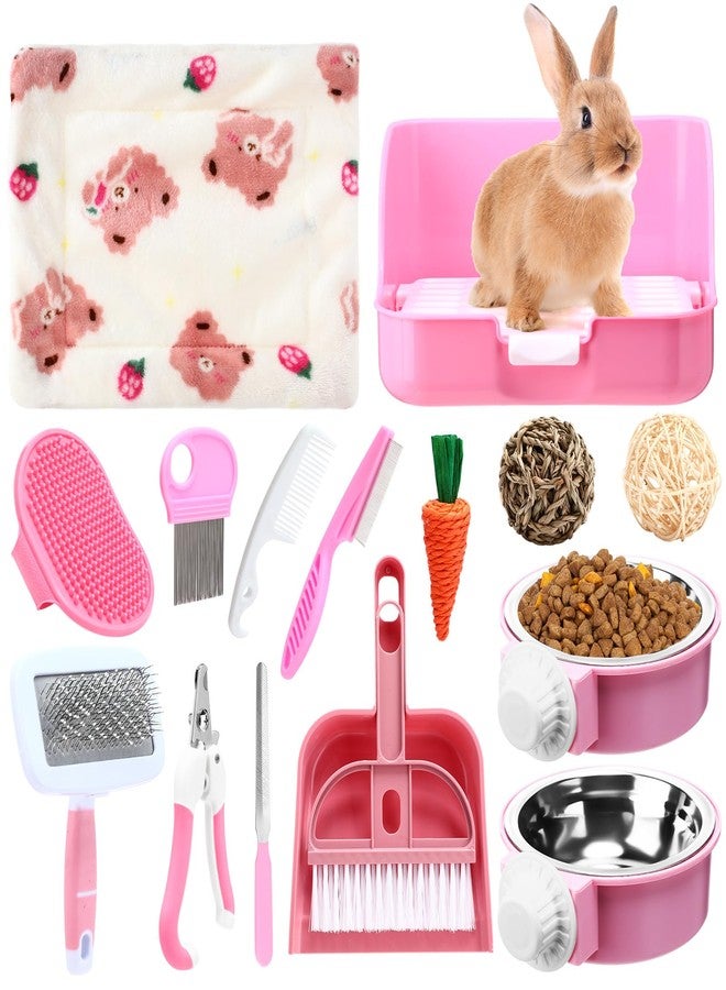 Reallnaive 15 Pcs Rabbit Starter Kit Small Rabbit Litter Box Christmas Girls Gift Animal Grooming Kit Bunny Toys Bowl Blankets with Cleaning Set for Guinea Pig Accessories(Pink) - Image 1